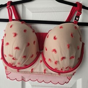 Victoria's Secret Nude Bra with Pink-Red Heart Embroidery